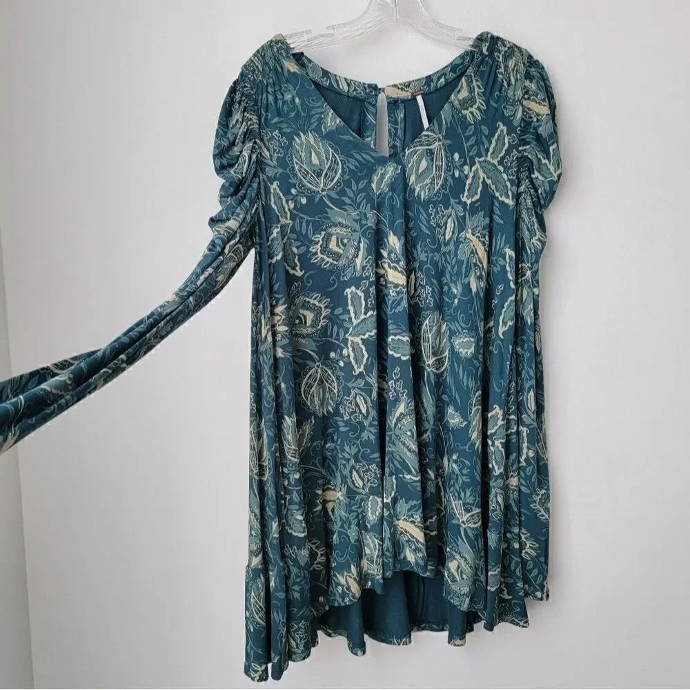 FREE PEOPLE Hello Lover Tunic Dress Top Dusty Indigo Combo Blouse Dress Size S